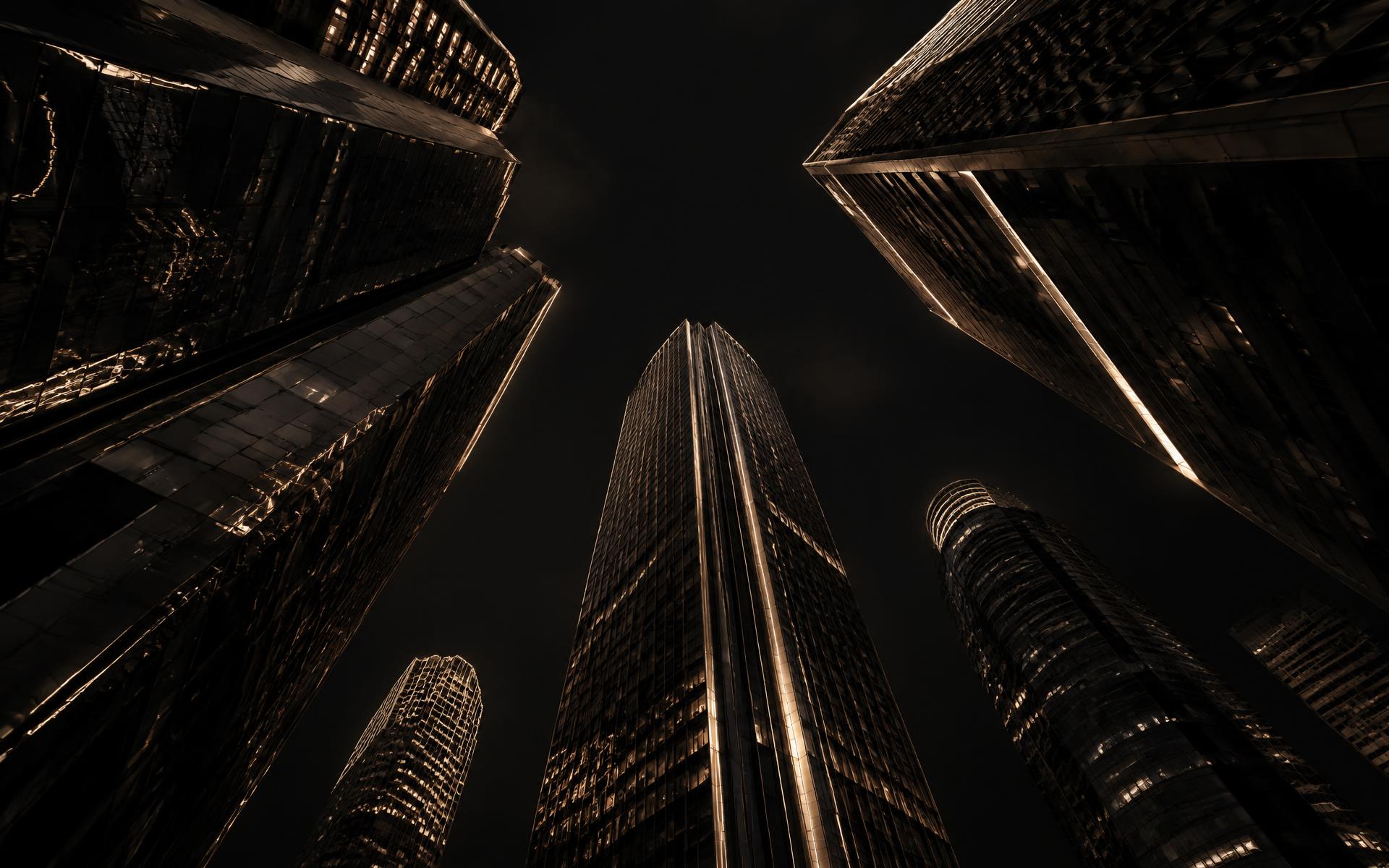 Skyscrapers rising into a dark sky edged with gold light